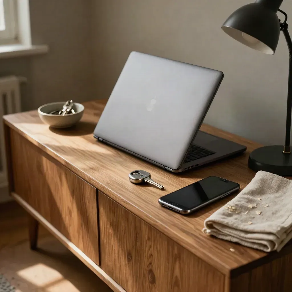 Ciepły kącik nauki cyberbezpieczeństwa z zamkniętym laptopem, kluczem sprzętowym i telefonem