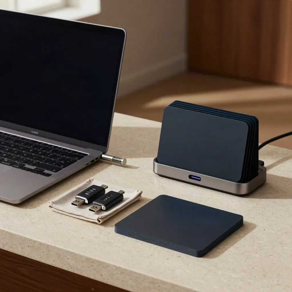 Biurko po szkoleniu: laptop, blokady kabli i klucze USB na jasnym, eleganckim stanowisku.