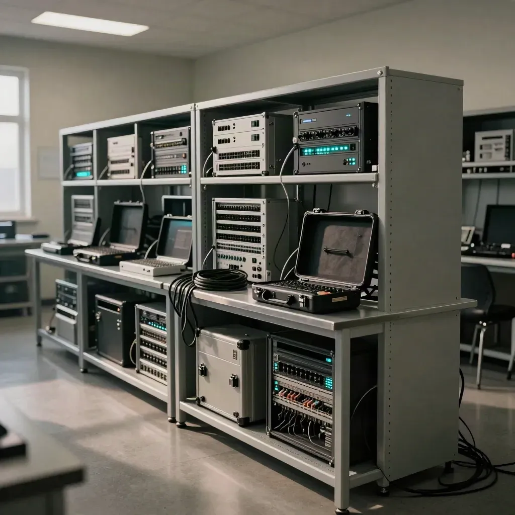 Pusty cyberlab z migającymi szafami rack, kablami i futerałami po ćwiczeniach incydentu.